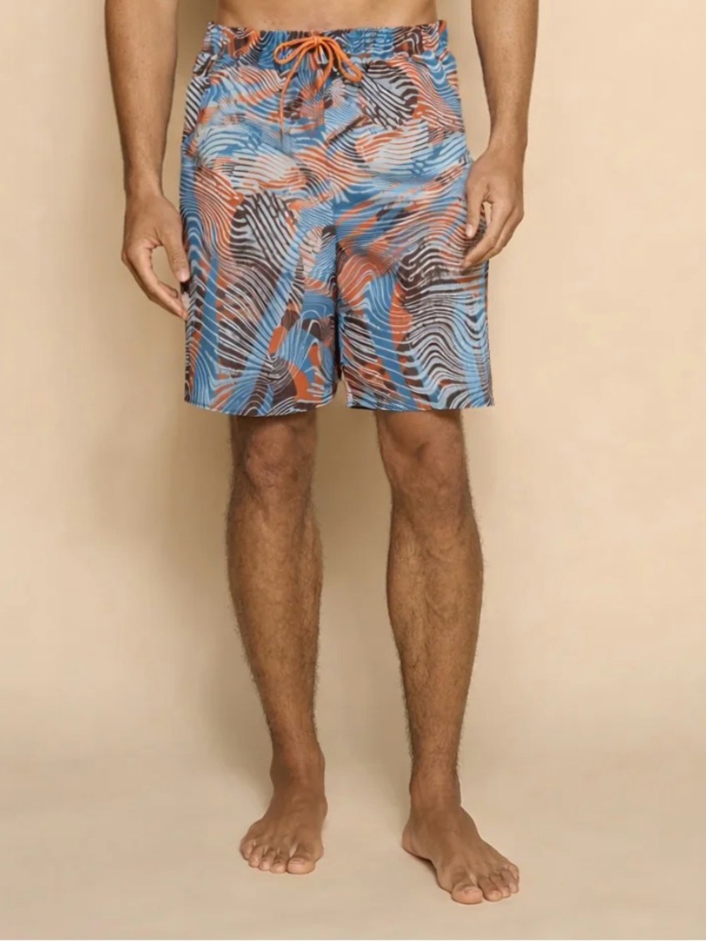 Men's Abstract Wave-Print Swim Trunks in Blue and Brown with Orange Accents